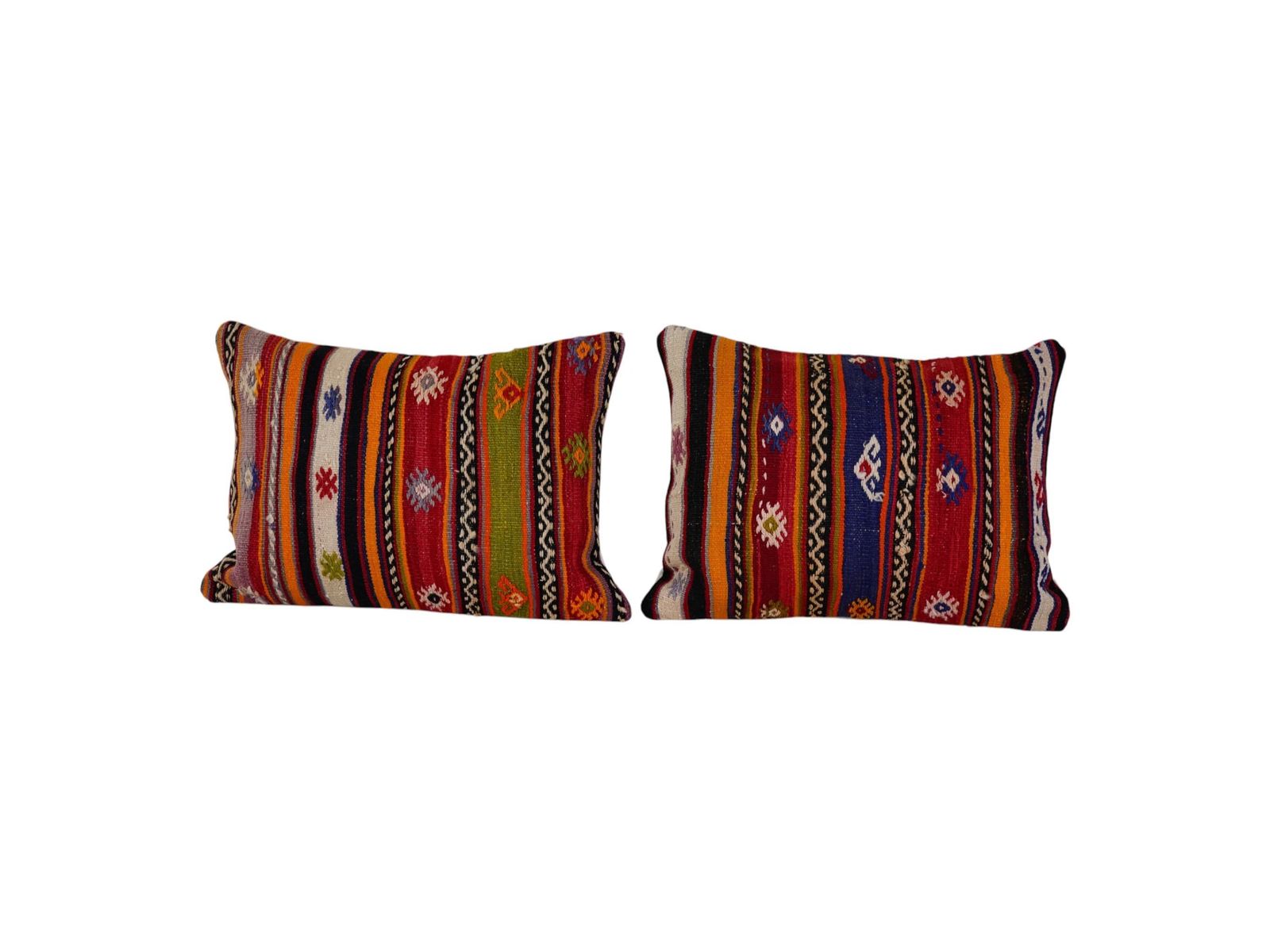 Ethnic Wool Turkish Lumbar Kilim Pillow Cover, Pair Long Geometric Patterned Anatolian Kilim Pillow, Bedding Kilim Pillow Cover