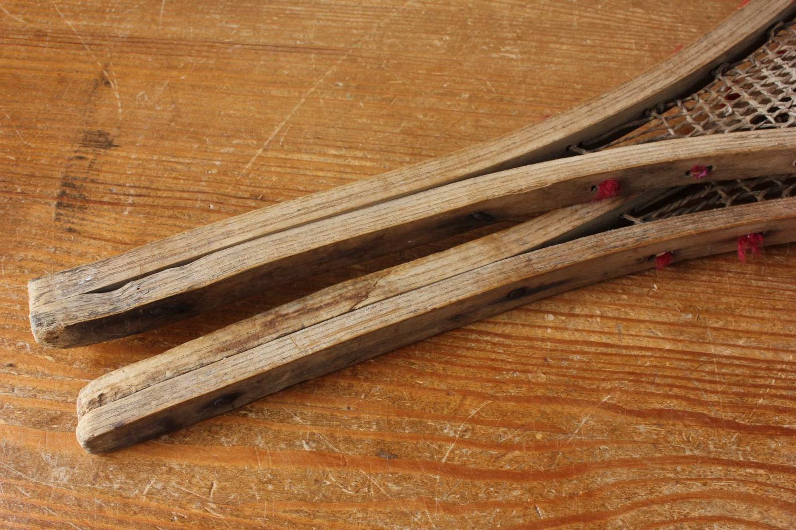 photo for sale Antique Pair Of Native American Indian Pom Pom Snowshoes. Ski Lodge.