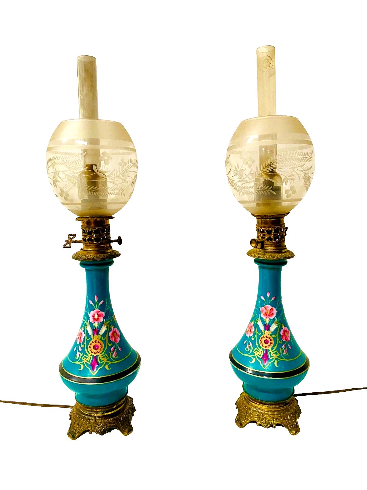Pair Of Napoleon III Polychrome Porcelain Lamps 19th Century photo for sale