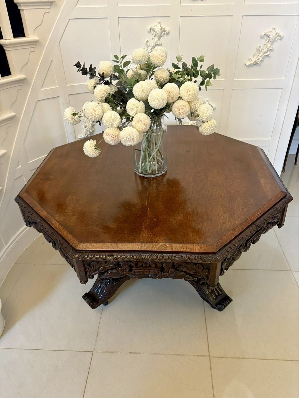 Superb Quality Large Antique 19th Century Carved Oak Dining Table photo Furniture