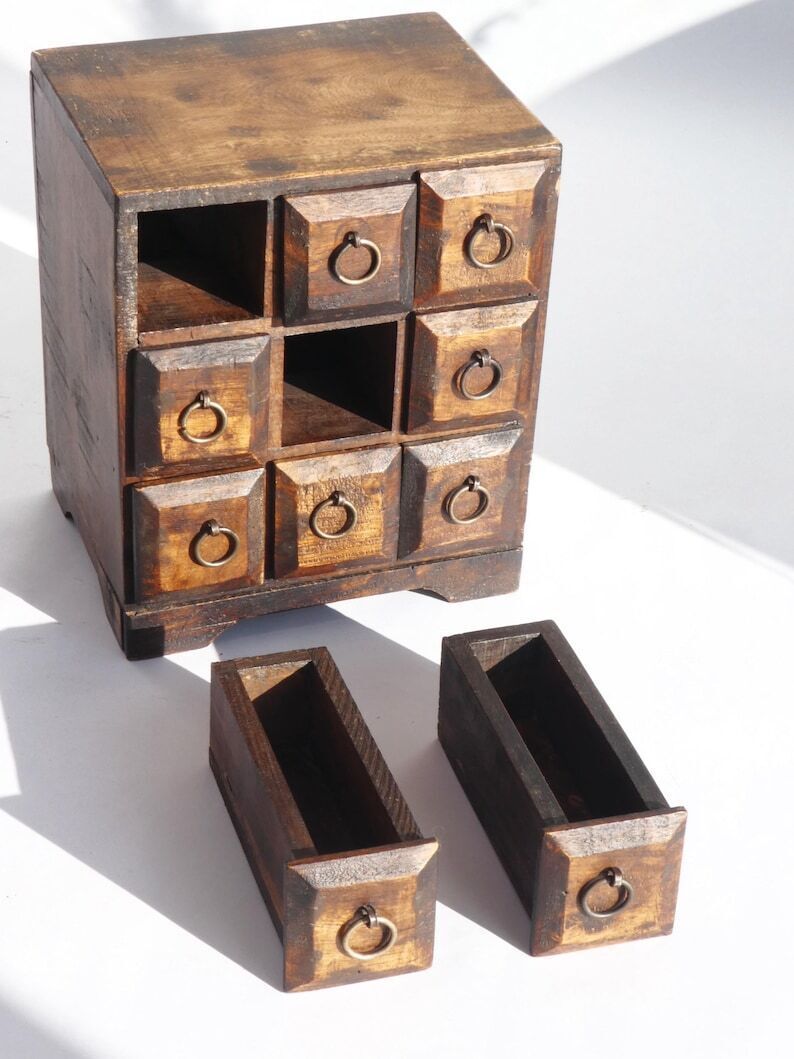 Small Apothecary With 9 Drawers With Metal Handles, Vintage Wooden Medicine Chest, Old Cabinet photo Furniture