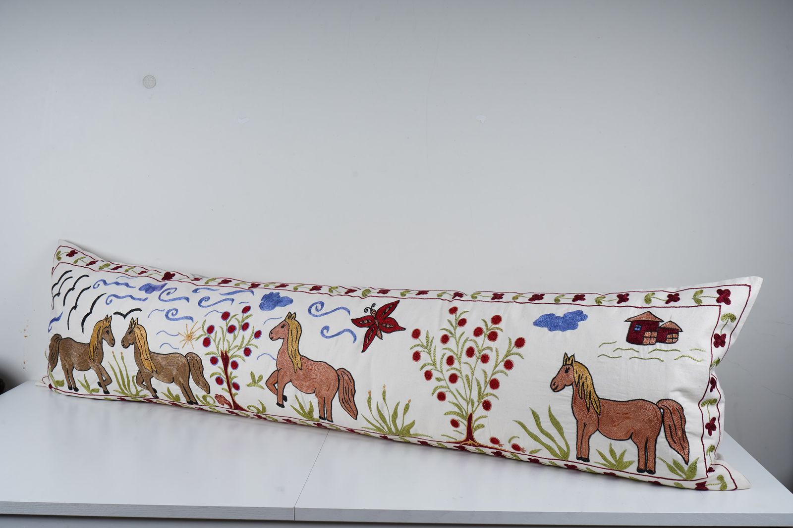Suzani Horse Bedding Pillows Made From Tashkent Suzani, Hippie Extra Long Pictorial Cushion photo Textiles