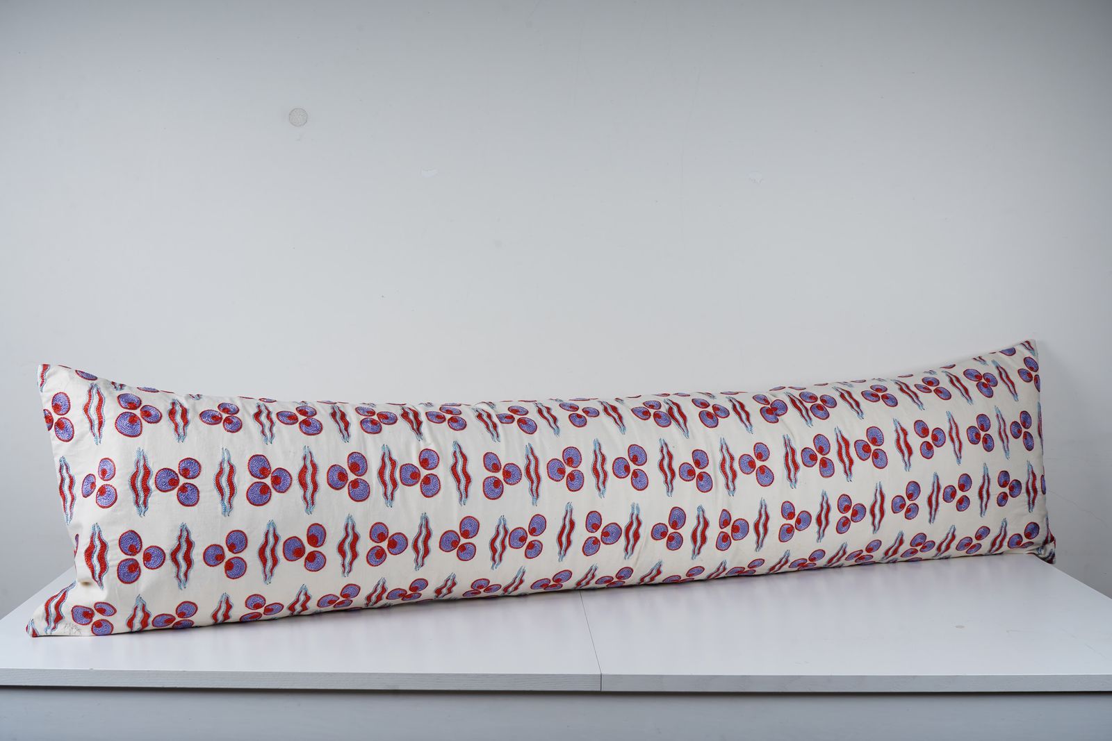 Suzani Long Lumbar Pillow Case Fashioned From A Mid 20th Century Uzbek, Floral Samarkand Bedding Pillow photo for sale