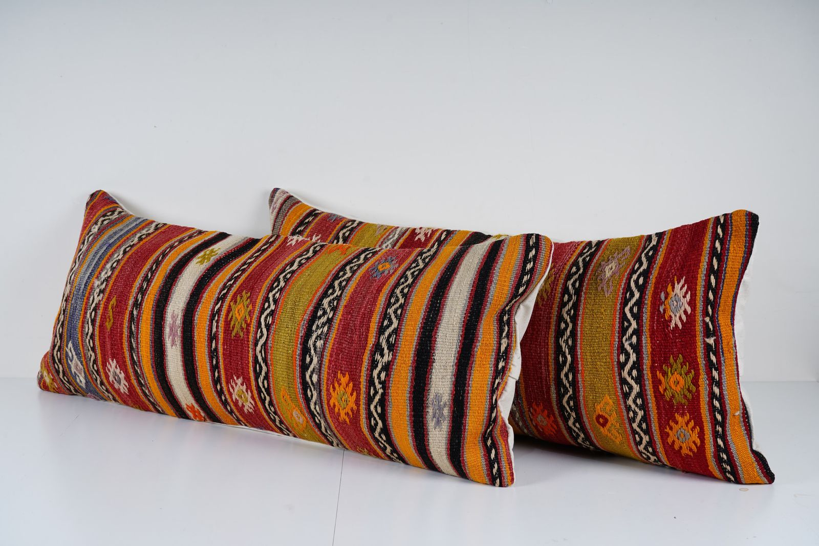 Queen Boho Woven Bedding Kilim Pillow Cover, Set Of Two Turkish Lumbar Cushion With Anatolian Design, Rustic Farmhouse Decor photo for sale