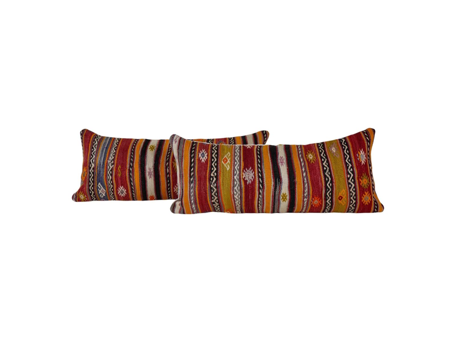 Queen Boho Woven Bedding Kilim Pillow Cover, Set Of Two Turkish Lumbar Cushion With Anatolian Design, Rustic Farmhouse Decor