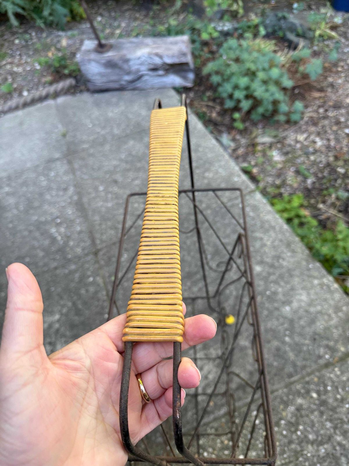 Vintage 1950s Wire Magazine Rack – Mid Century Scrollwork Storage Stand With Original Yellow Feet & Handle, Vintage Storage Rack   Towels? photo 75.0