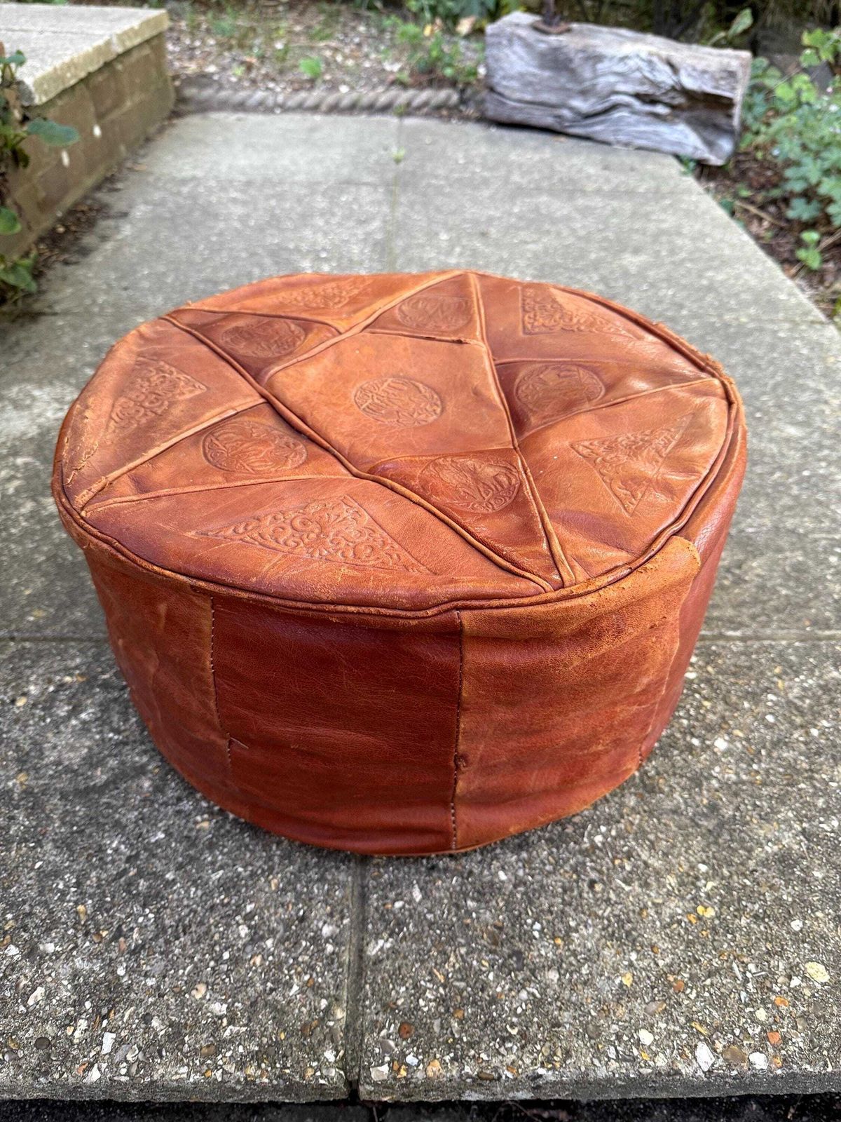 Vintage Leatherette Moroccan Style Pouf – Embossed Tan Footstool With Threaded Base, Rustic And Comfy photo furniture