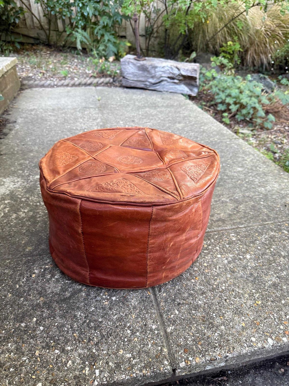 Vintage Leatherette Moroccan Style Pouf – Embossed Tan Footstool With Threaded Base, Rustic And Comfy photo Furniture