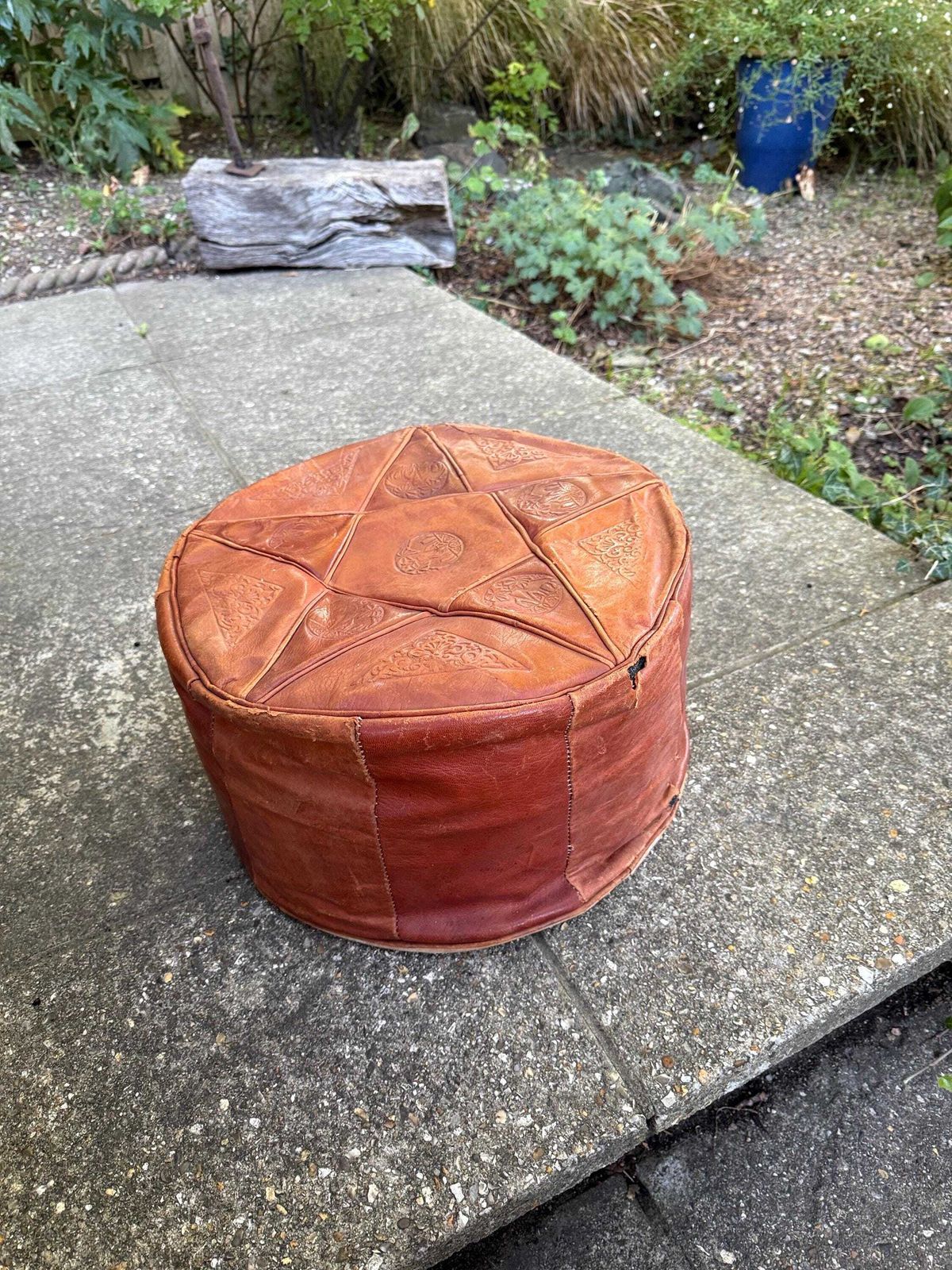 Vintage Leatherette Moroccan Style Pouf – Embossed Tan Footstool With Threaded Base, Rustic And Comfy photo vinterior