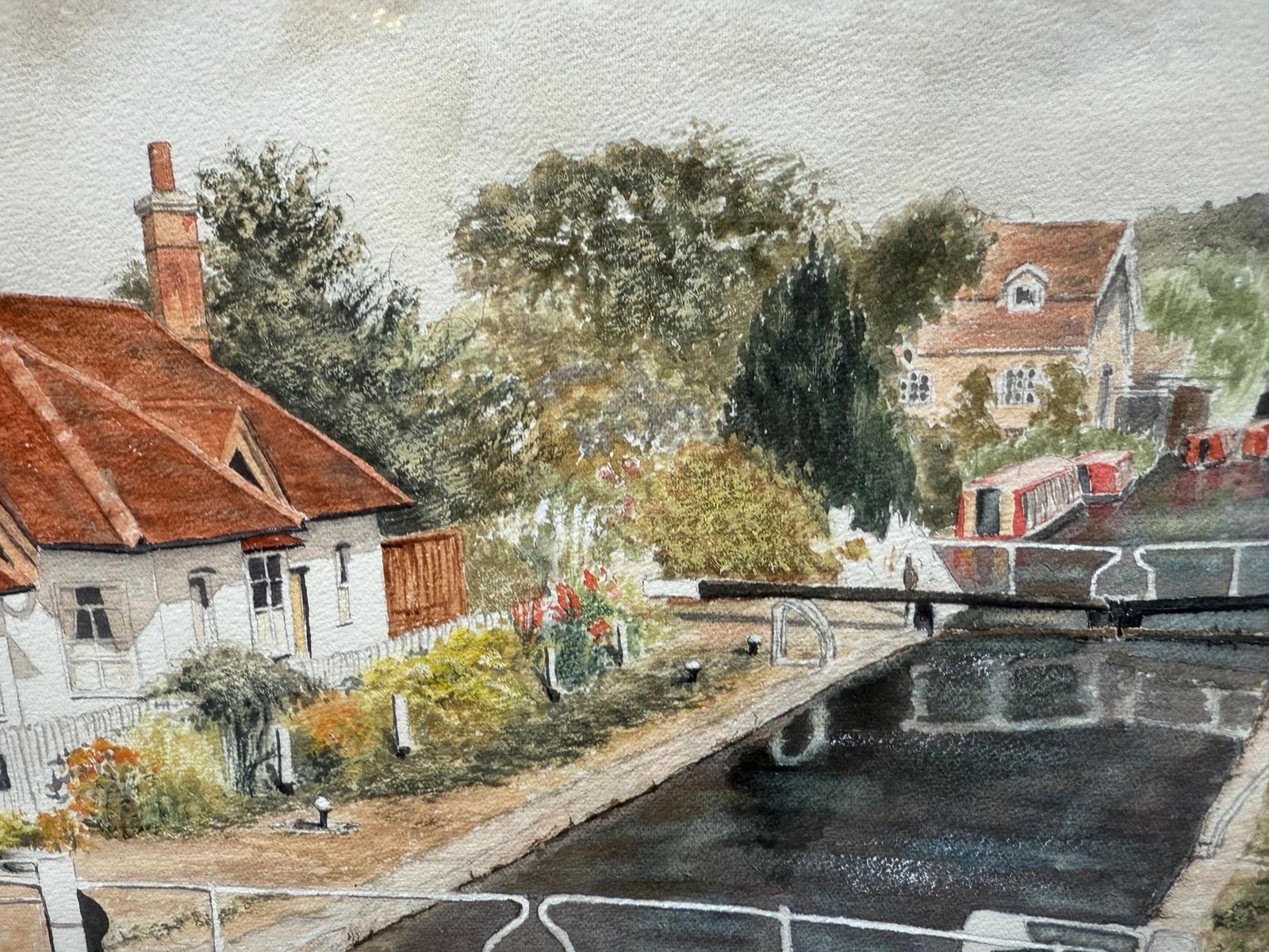 Framed Canal Lock Watercolour By Thelma Dudley, Signed 1996, English Cottage Scene With Narrowboats, Traditional Landscape Art photo vintage