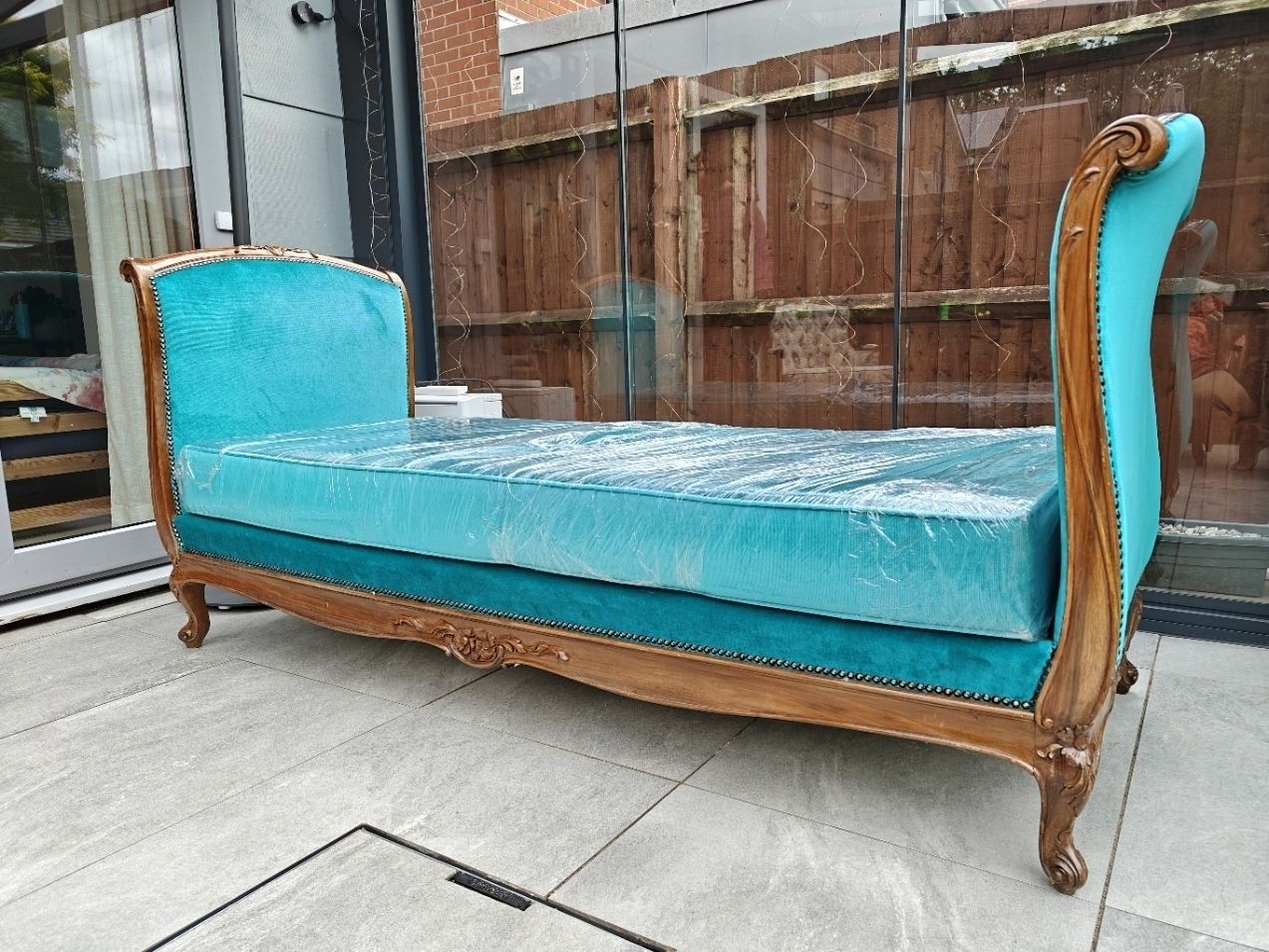 Rose Wood Recliner Sofa With New Turquoise Upholstery, New Mattress Included. photo furniture