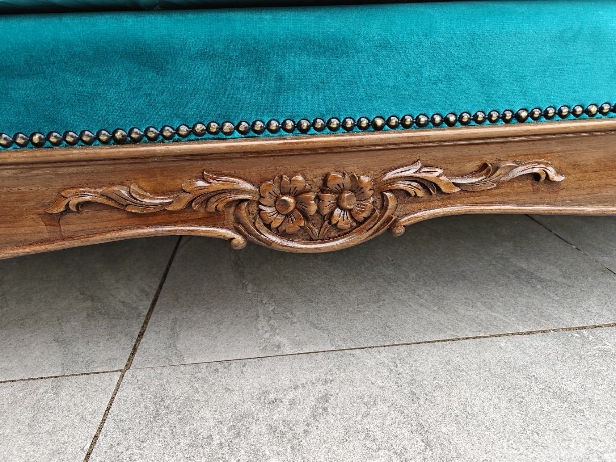 Rose Wood Recliner Sofa With New Turquoise Upholstery, New Mattress Included. photo vinterior