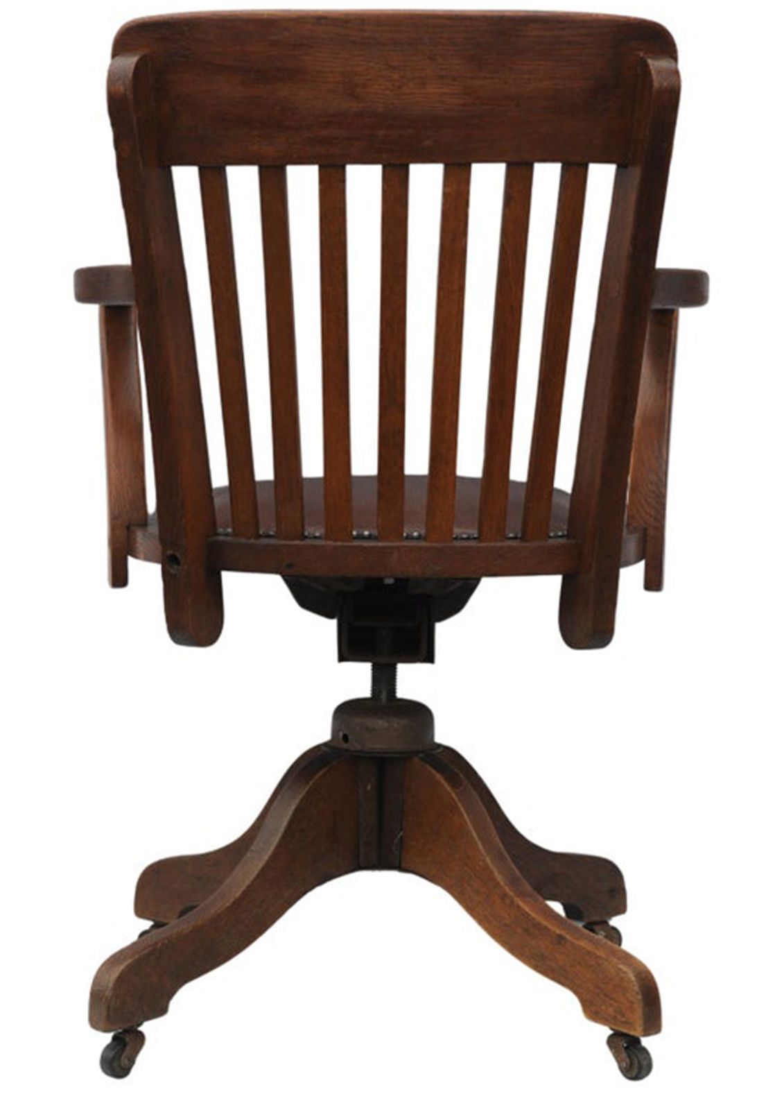 Early 20th Century Hillcrest Oak Rail Revolving Desk Chair With Polished Brown Leather Seat Finished With Brass Studs photo vinterior
