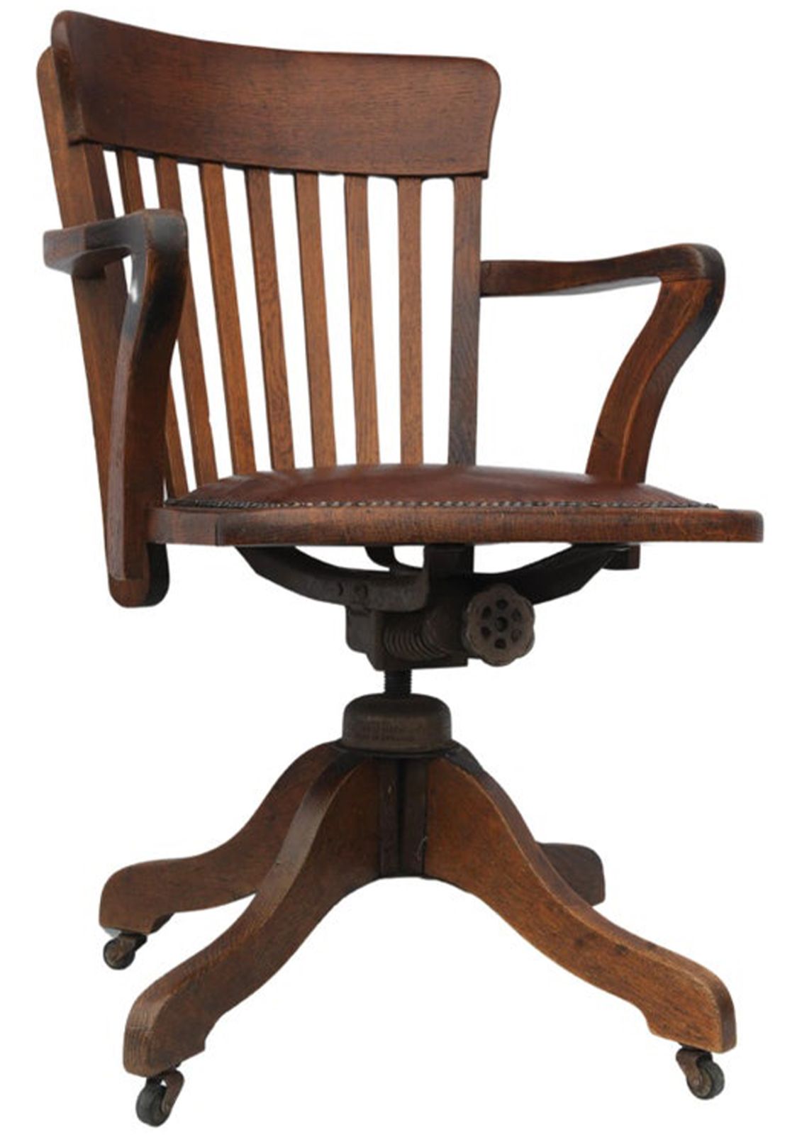 Early 20th Century Hillcrest Oak Rail Revolving Desk Chair With Polished Brown Leather Seat Finished With Brass Studs photo buy