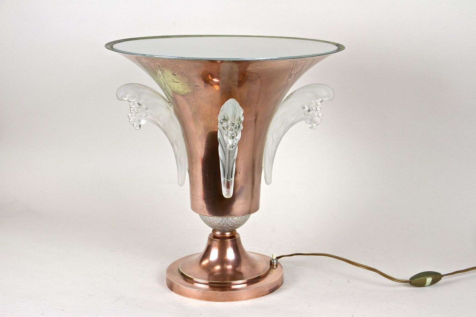 20th Century Art Deco Copper Table Lamp With Lalique Glass, France Ca 1920 photo vinterior