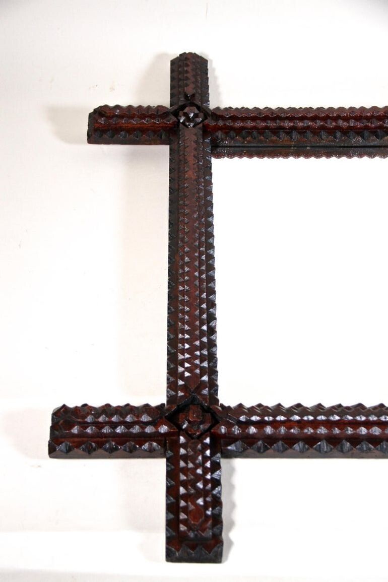 photo for sale 19th Century Rustic Tramp Art Wall Mirror Hand Carved, Austria, Circa 1870