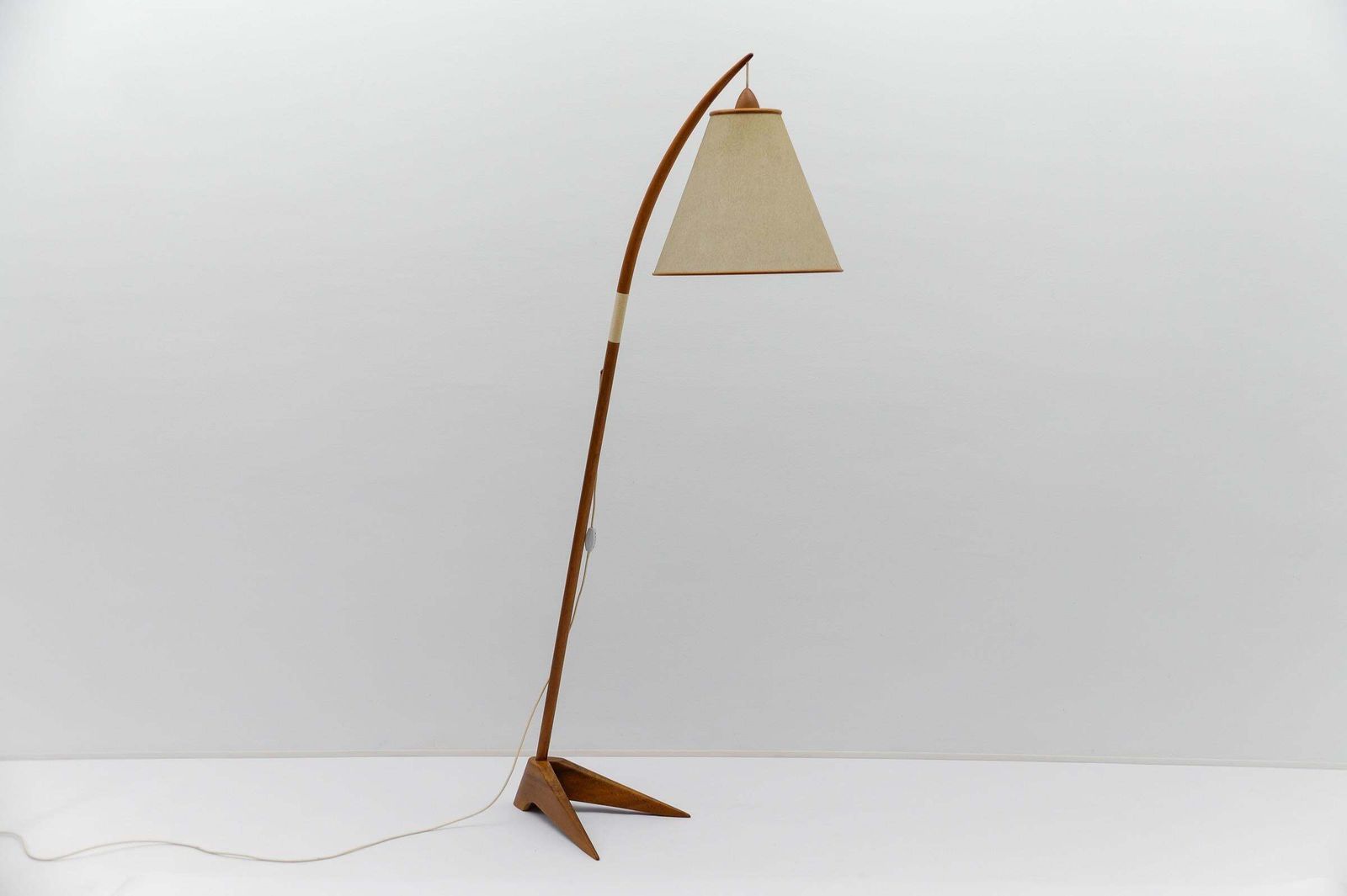 Mid Century Modern Scandinavian Wooden Arc Floor Lamp, 1950s photo vinterior