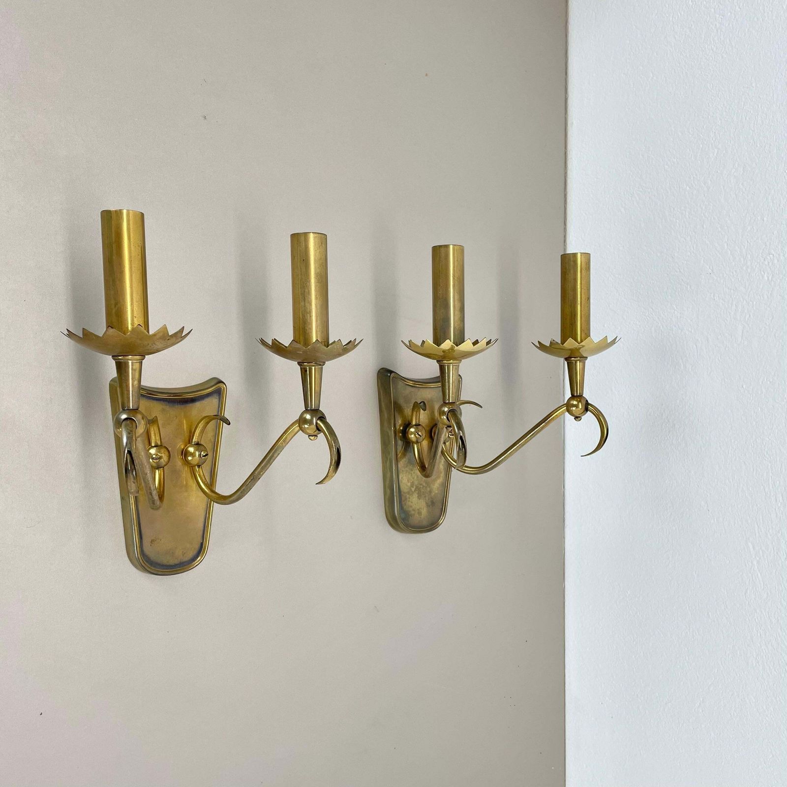 Unique Set Of 2 Brass Gio Ponti Style Theatre Wall Light Sconces, Italy, 1950s photo furniture