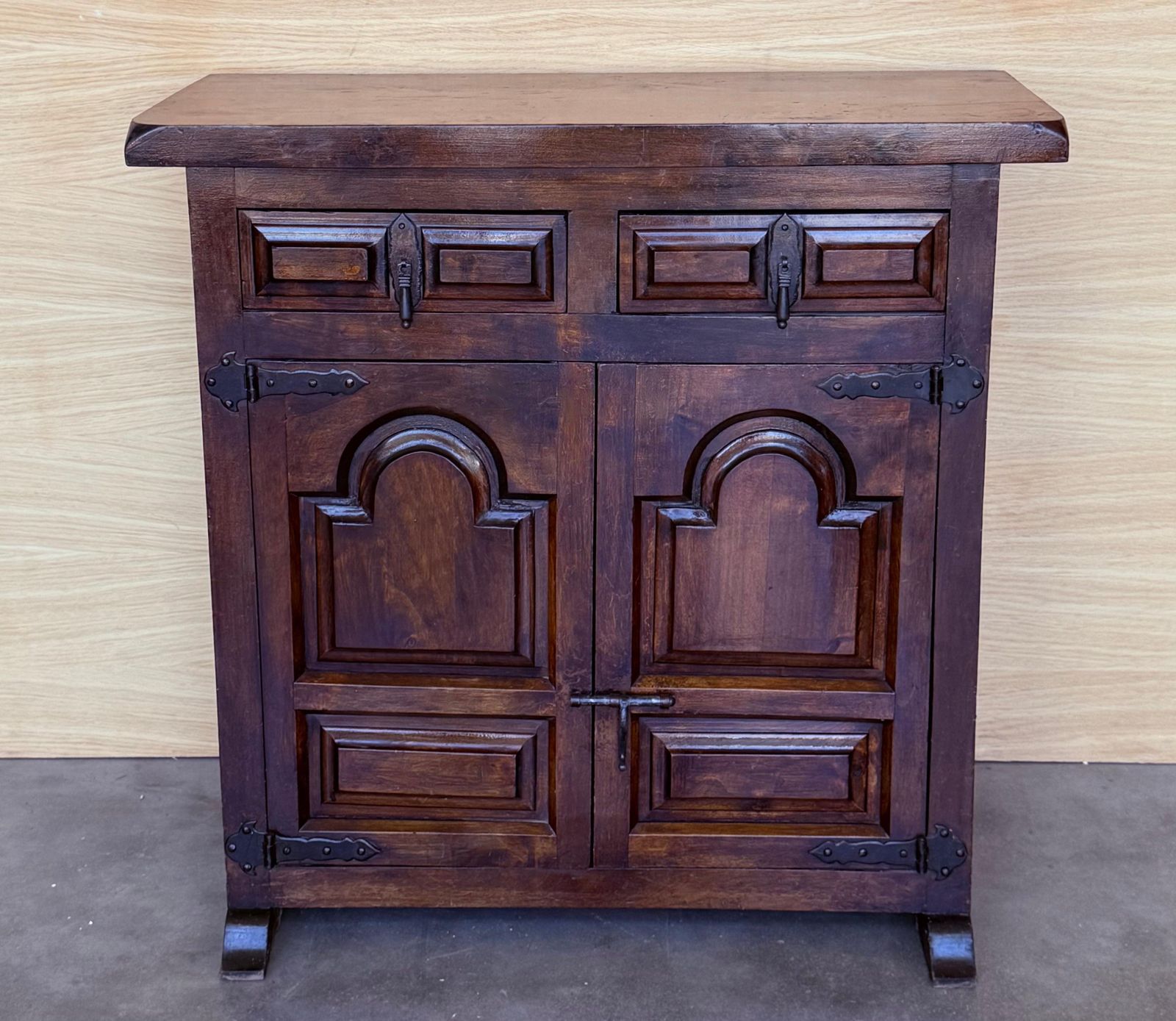 19th Spanish Baroque Carved Walnut Narrow Two Drawer Credenza Or Buffet photo Furniture