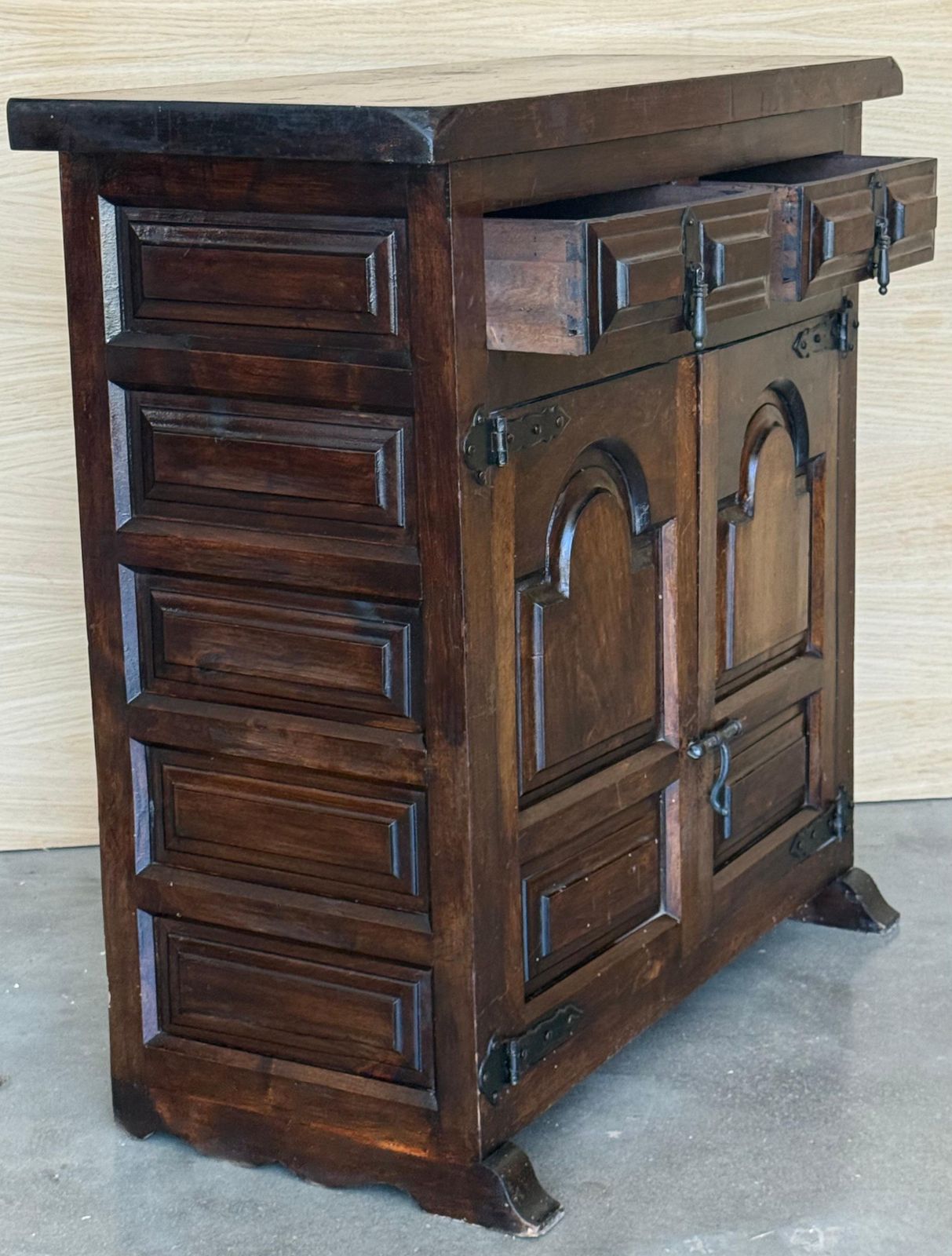 19th Spanish Baroque Carved Walnut Narrow Two Drawer Credenza Or Buffet photo vinterior