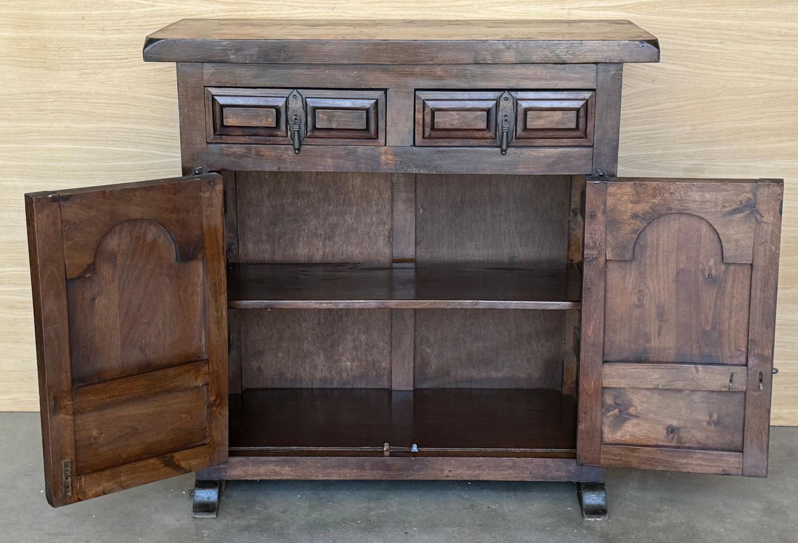 19th Spanish Baroque Carved Walnut Narrow Two Drawer Credenza Or Buffet photo vintage