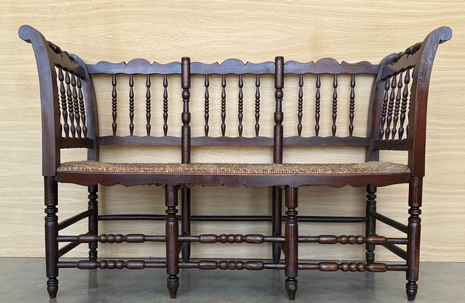20th Century Catalan Bench In Solid Walnut With Caned Seat, Three Seats photo for sale