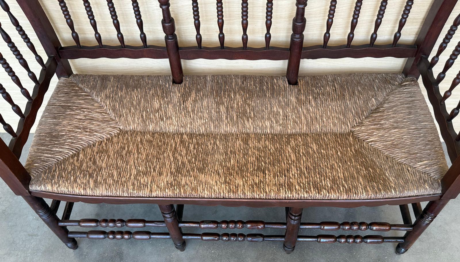 Furniture 20th Century Catalan Bench In Solid Walnut With Caned Seat, Three Seats photo