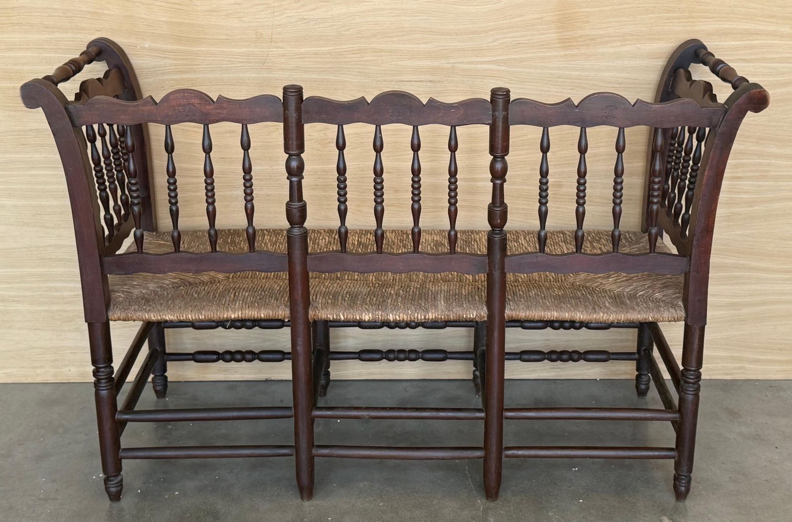 photo buy 20th Century Catalan Bench In Solid Walnut With Caned Seat, Three Seats