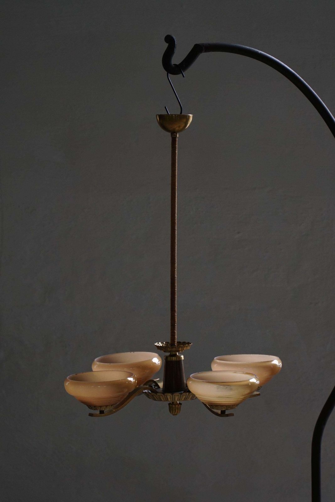 Art Deco 4 Arm Chandelier In Glass & Brass, Sweden, 1940s photo furniture
