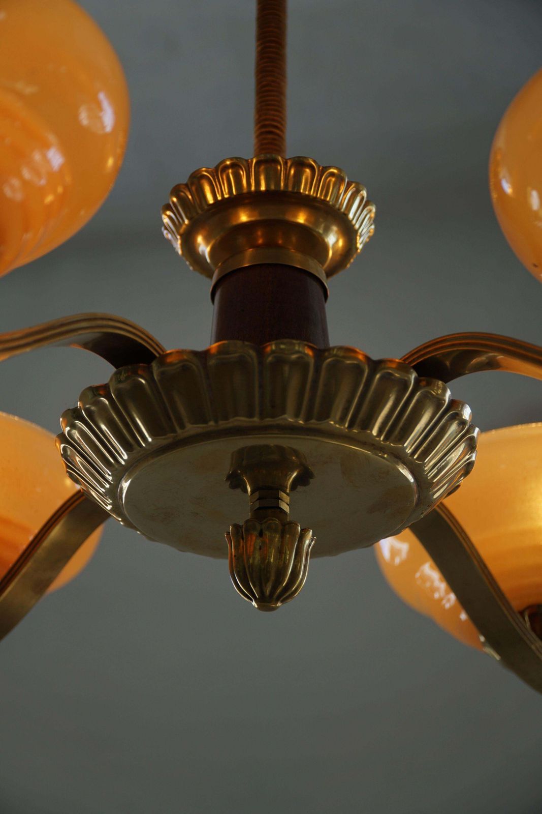 Art Deco 4 Arm Chandelier In Glass & Brass, Sweden, 1940s photo for sale