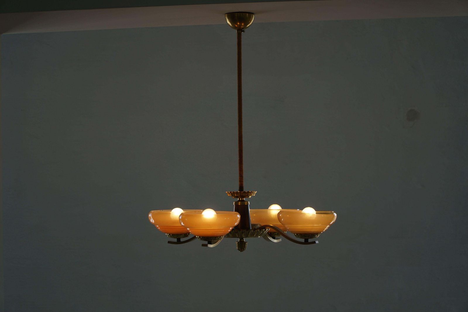 photo for sale Art Deco 4 Arm Chandelier In Glass & Brass, Sweden, 1940s