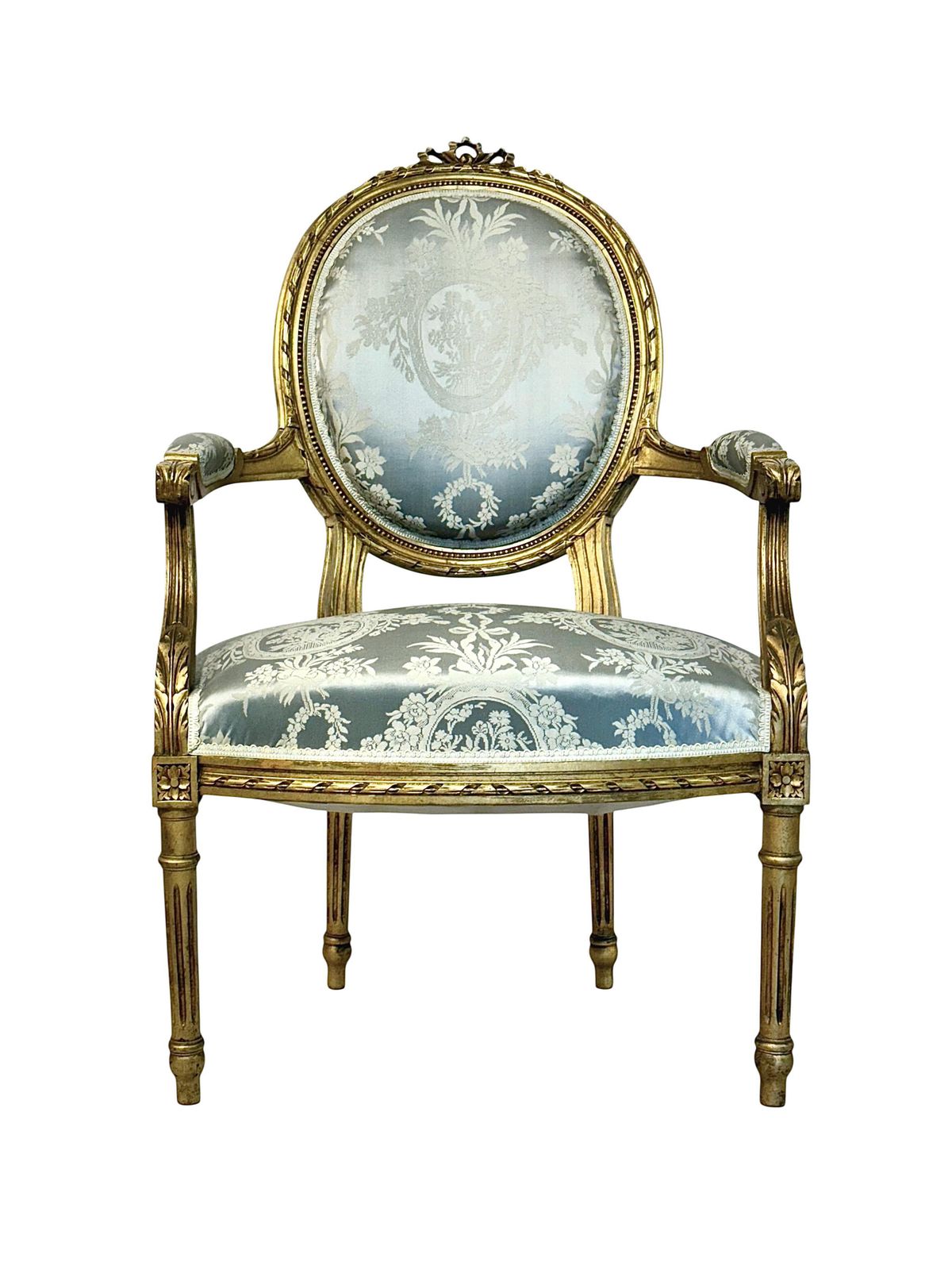 Pair Of Louis XVI Medallion Carved And Gilded Wood Armchairs photo for sale