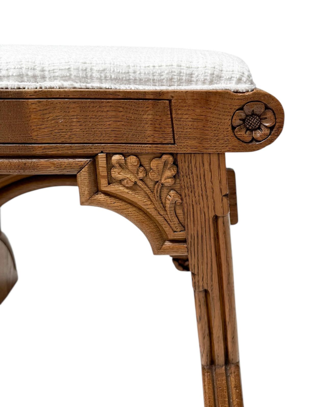 photo buy Arts & Crafts Hand Carved Oak Stools With Boucle Upholstery, 1900s