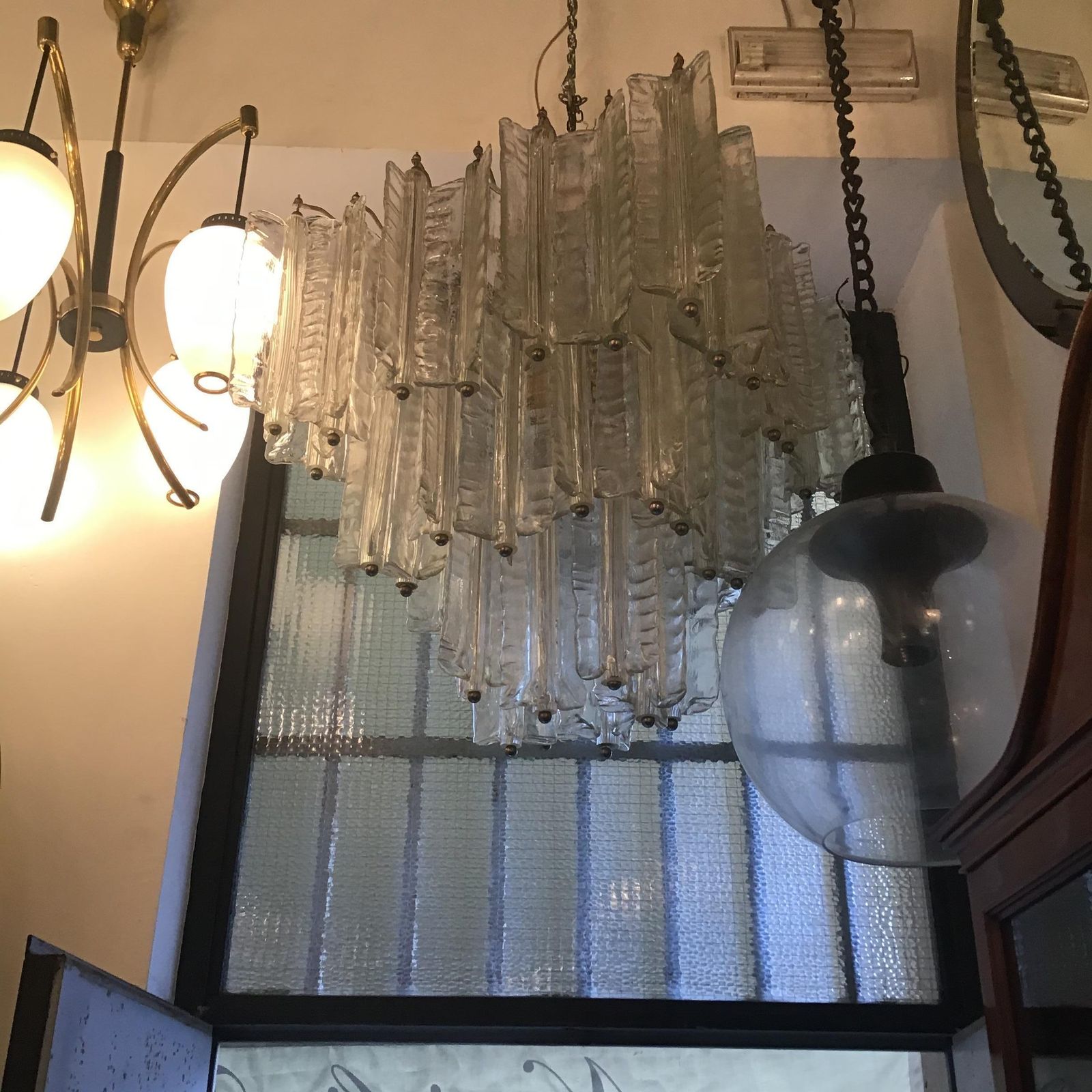 photo for sale Venini Mazzega. Lampadario Murano Glass Metal Crome 1955 Italy