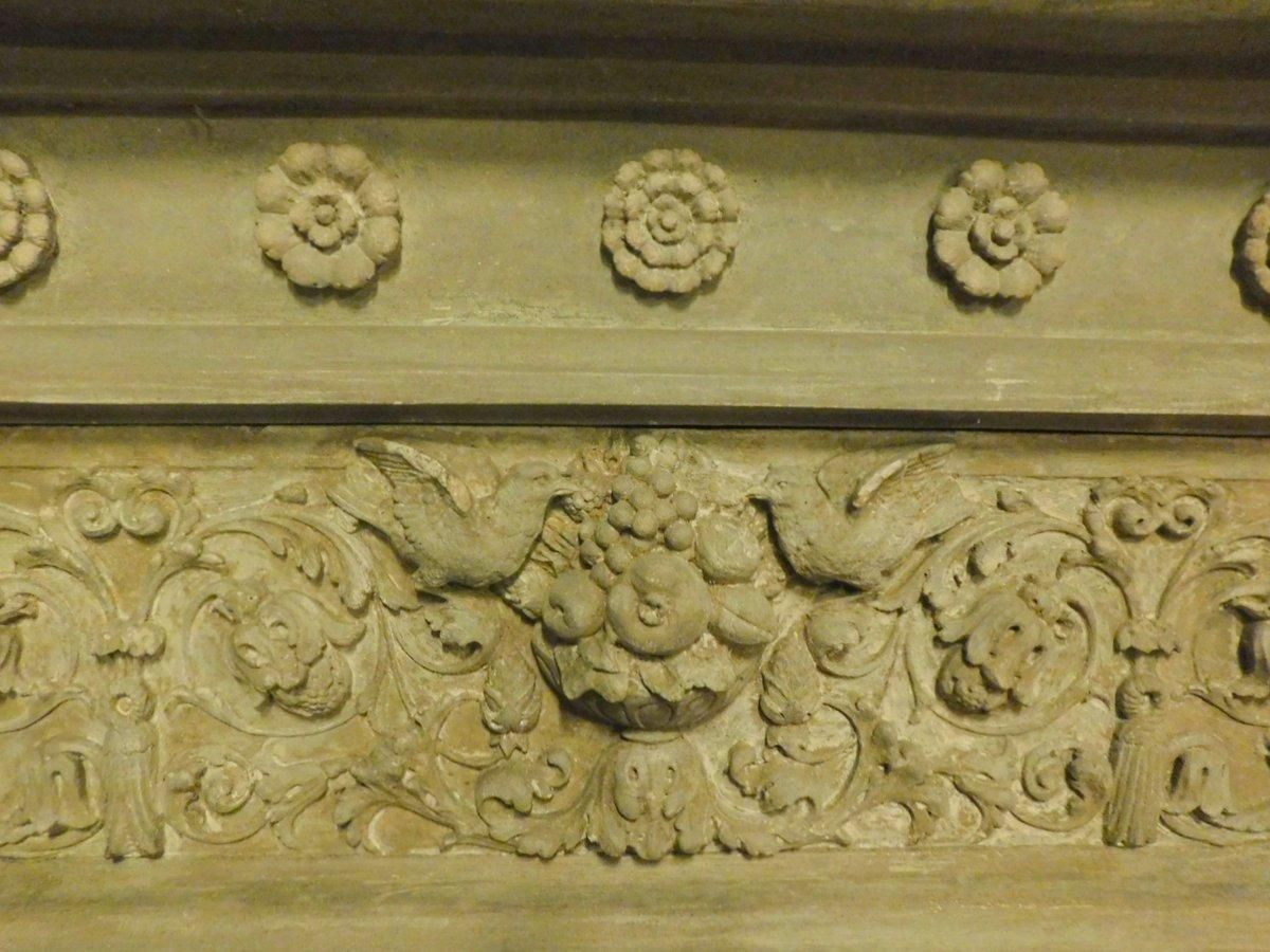 Fireplace Mantel In Gray Stone, Richly Carved With Birds, Flowers And Cherubs photo Home Fixtures