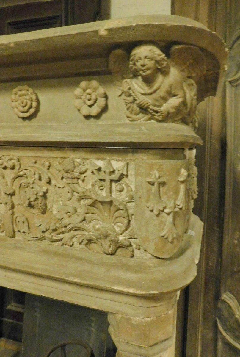 Fireplace Mantel In Gray Stone, Richly Carved With Birds, Flowers And Cherubs photo 15973.0