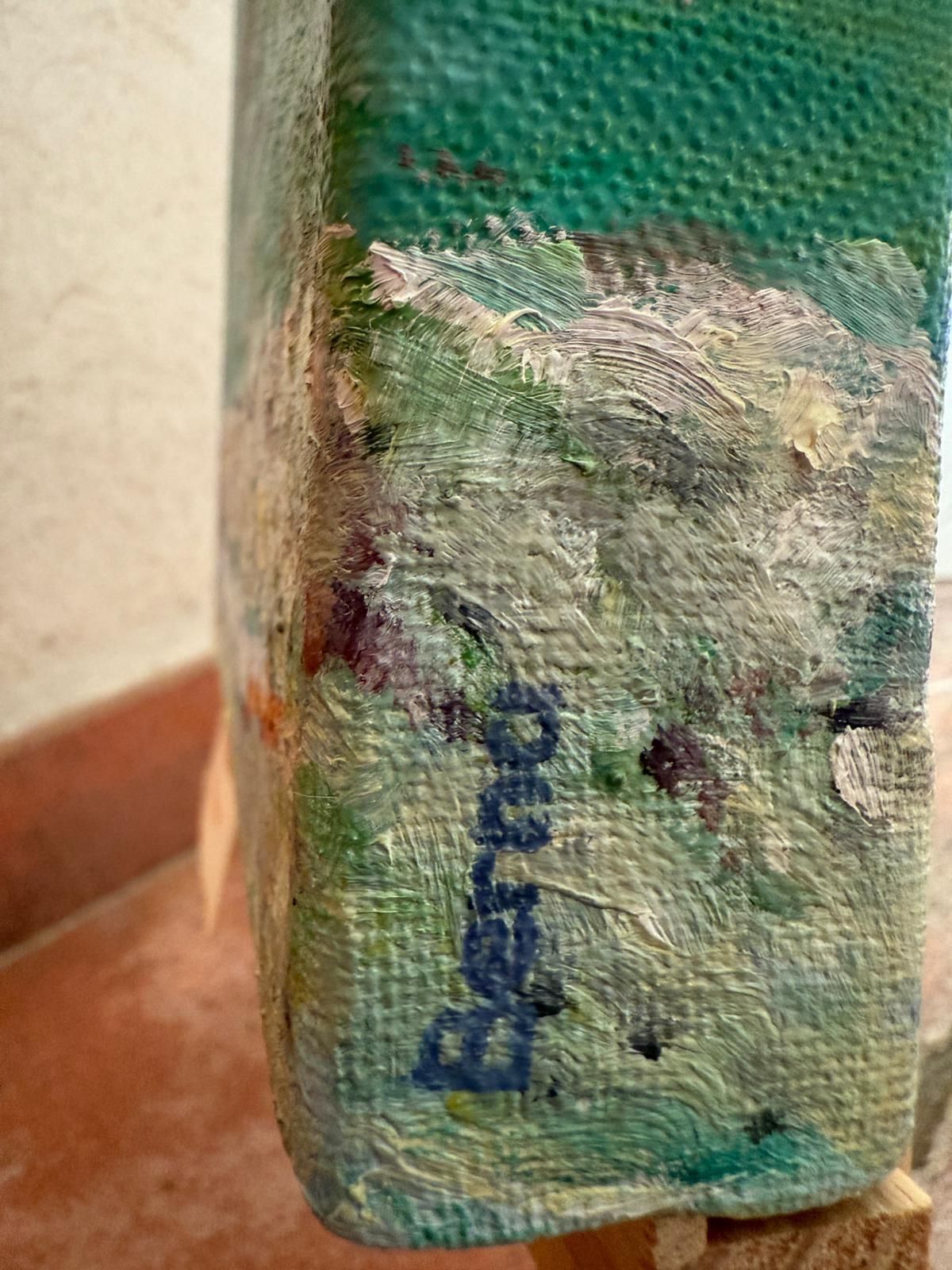 photo furniture Bernadette Van Baarsen Turquoise And Violet Provençal Beach Scene.  'The Shopping Bag'. Oil On Canvas.2025