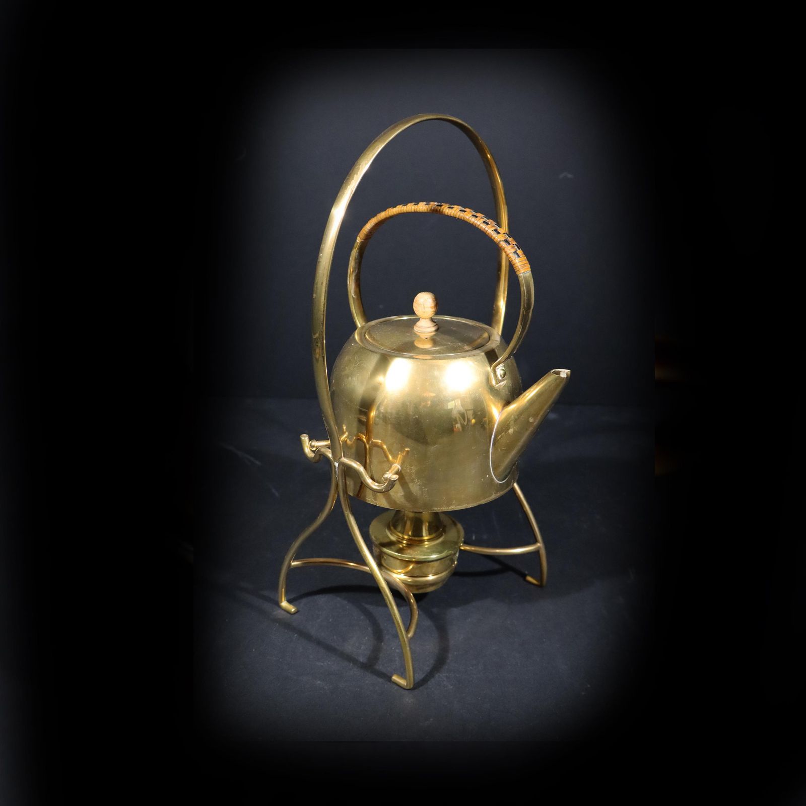 Art Nouveau Copper Tea Kettle French Antique Brass & Copper Tilting Teapot Stand With Burner