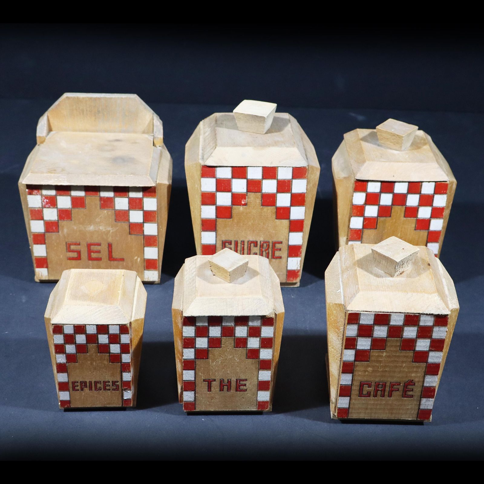 Antique Spice Canisters & Salt Box Wooden Lustucru Pattern French Kitchen Storage Jars