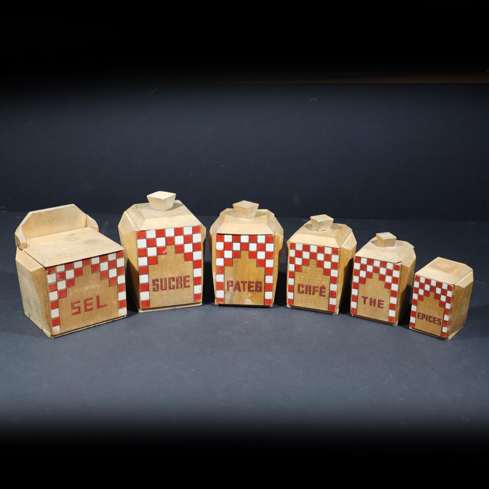 Antique Spice Canisters & Salt Box Wooden Lustucru Pattern French Kitchen Storage Jars photo furniture