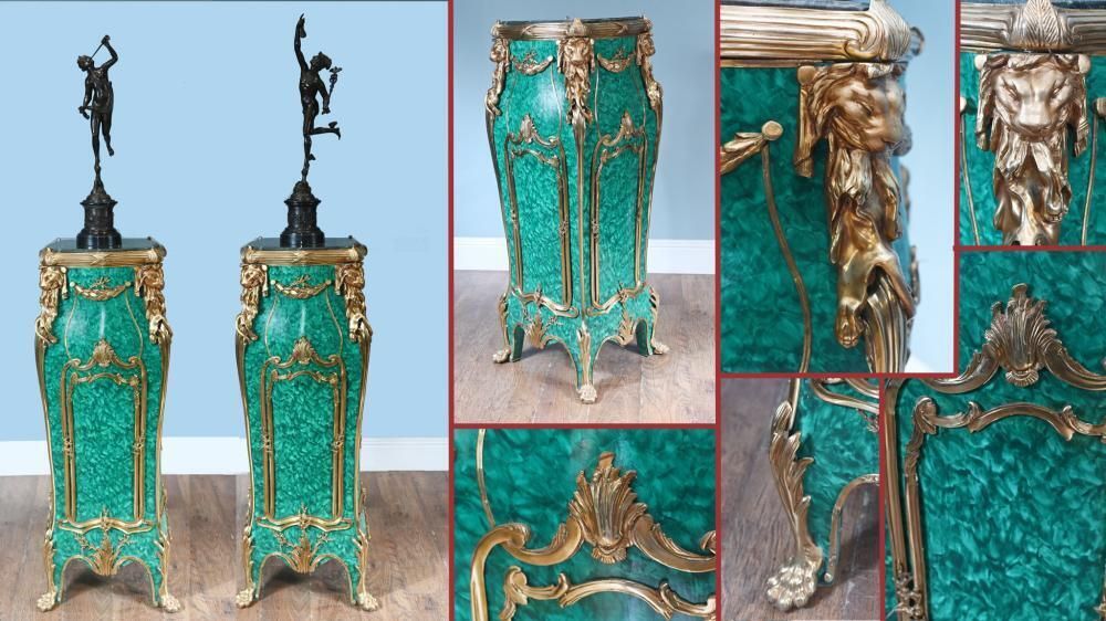 Pair French Malachite Pedestal Stands Napoleon III Revival Linke