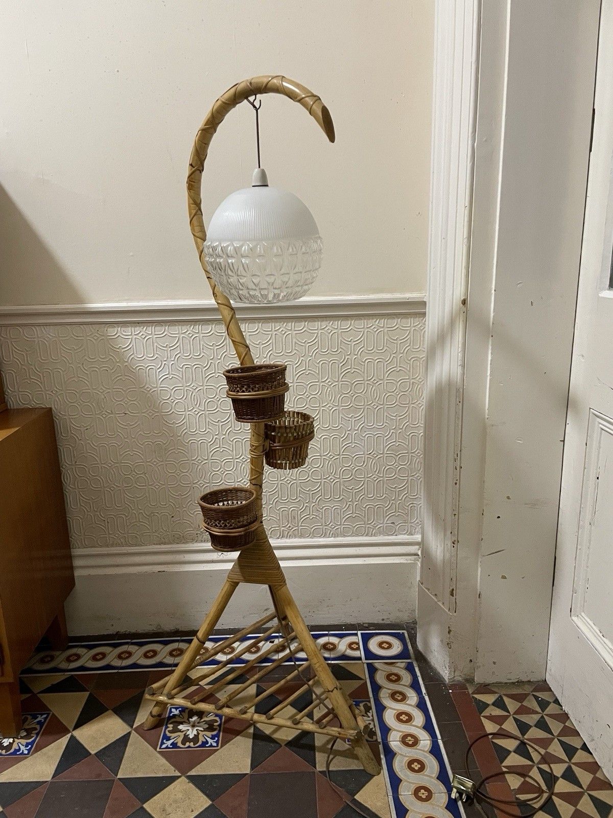 Mid Century Bamboo Standard Lamp Gooseneck Tiki Plant Holder Vintage Glass Shade photo buy