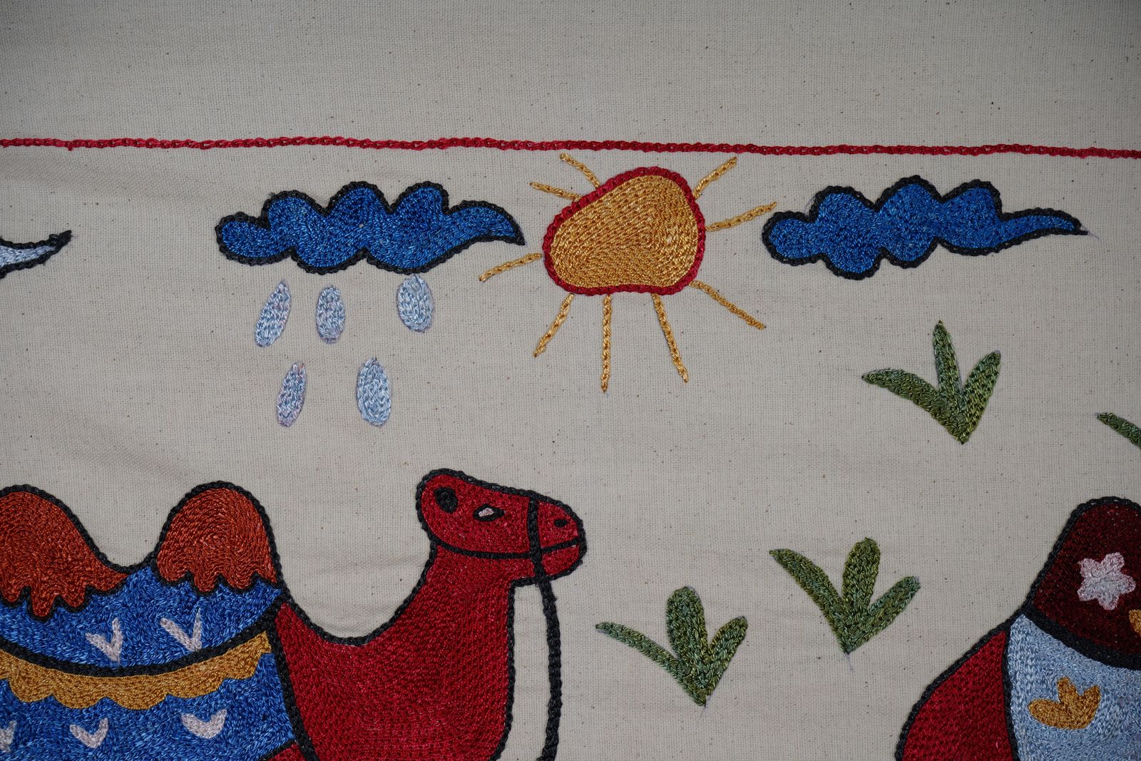 Uzbek Suzani Animal Cotton Tablecloth, 19th Century Bukhara Wall Hanging Decor   Camel Cotton Runner 1'7'' X 4'9'' photo buy