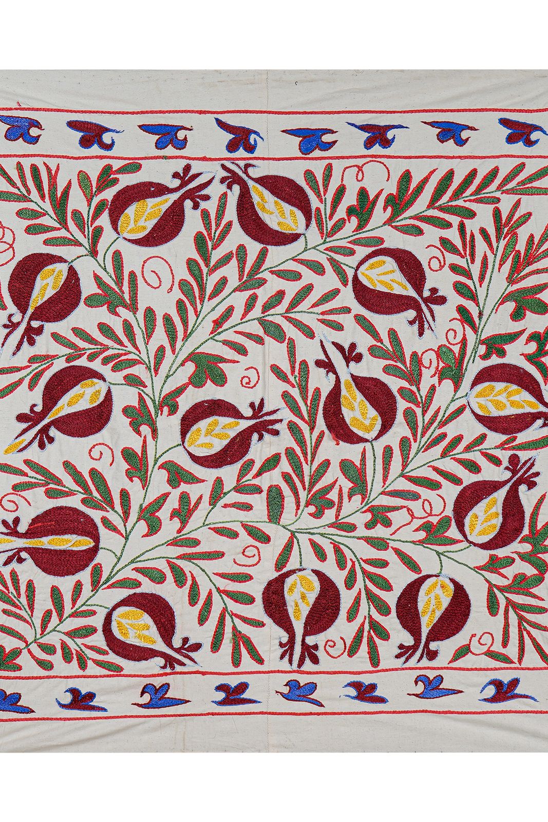 Square Suzani Wall Art With Red And Yellow Pomegranates – Embroidered Uzbek Textile 2'8'' X 3'2'' photo furniture