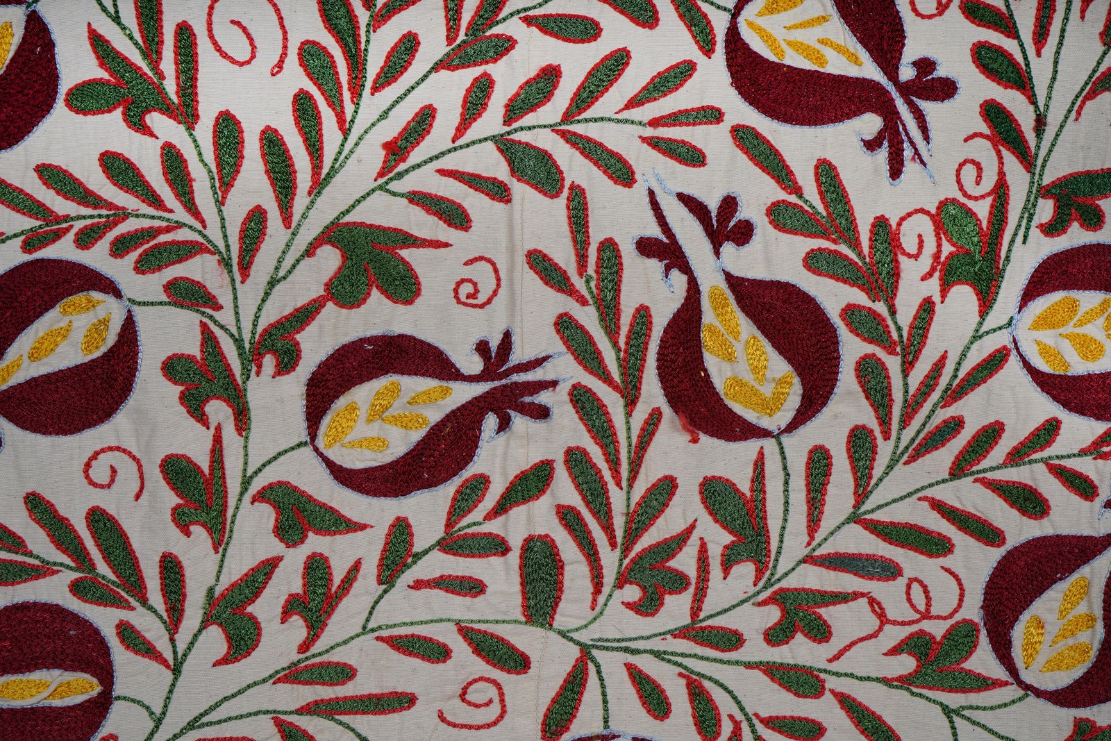 Square Suzani Wall Art With Red And Yellow Pomegranates – Embroidered Uzbek Textile 2'8'' X 3'2'' photo 190.0