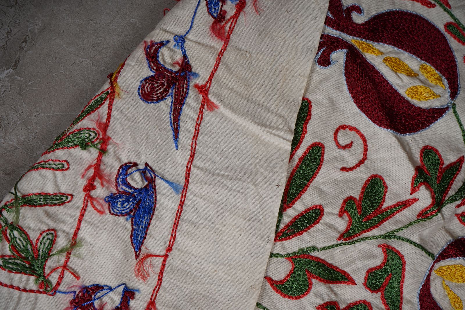 Square Suzani Wall Art With Red And Yellow Pomegranates – Embroidered Uzbek Textile 2'8'' X 3'2'' photo buy