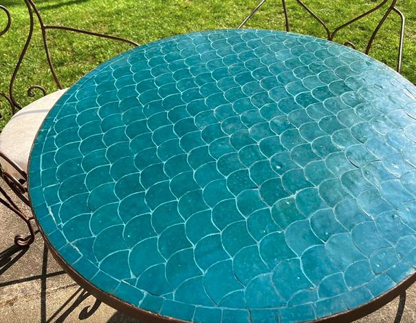 Tavole Calde 100cm Diam Dark Turquoise Fan Design Mosaic Tile Table, Iron Base With 2 Sealers  New Unused But Old Stock