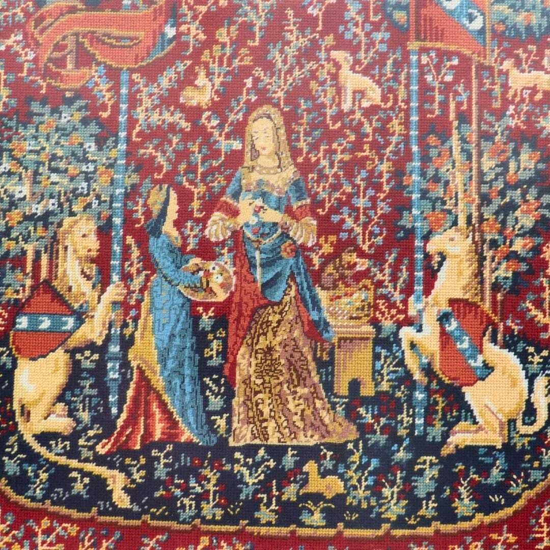 Vintage Large Wooden Golden Frame Needle Point Of The Lady And The Unicorn, Medieval Castlecore Style Wall Framed Art photo for sale