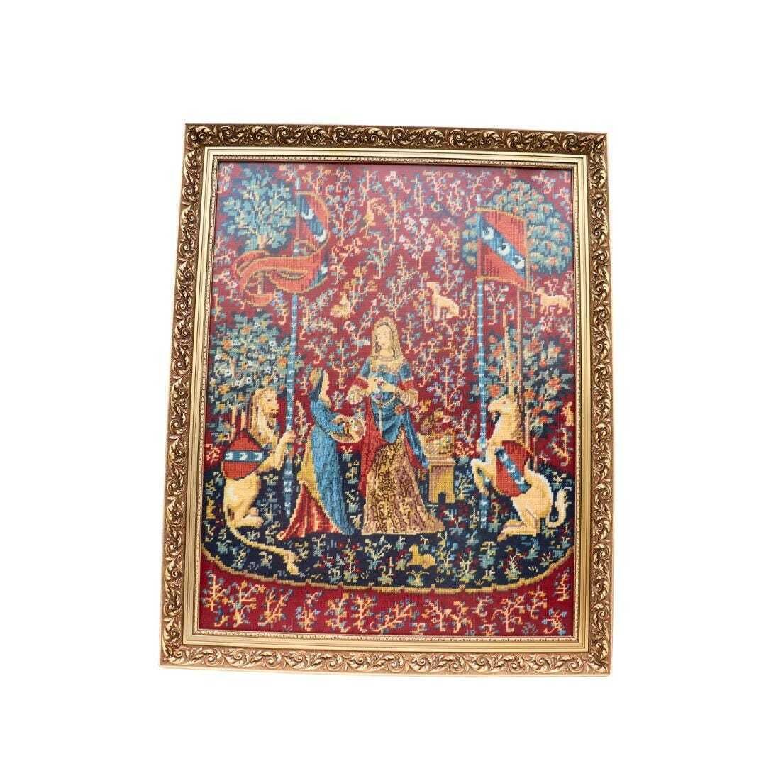 Vintage Large Wooden Golden Frame Needle Point Of The Lady And The Unicorn, Medieval Castlecore Style Wall Framed Art photo 220.0