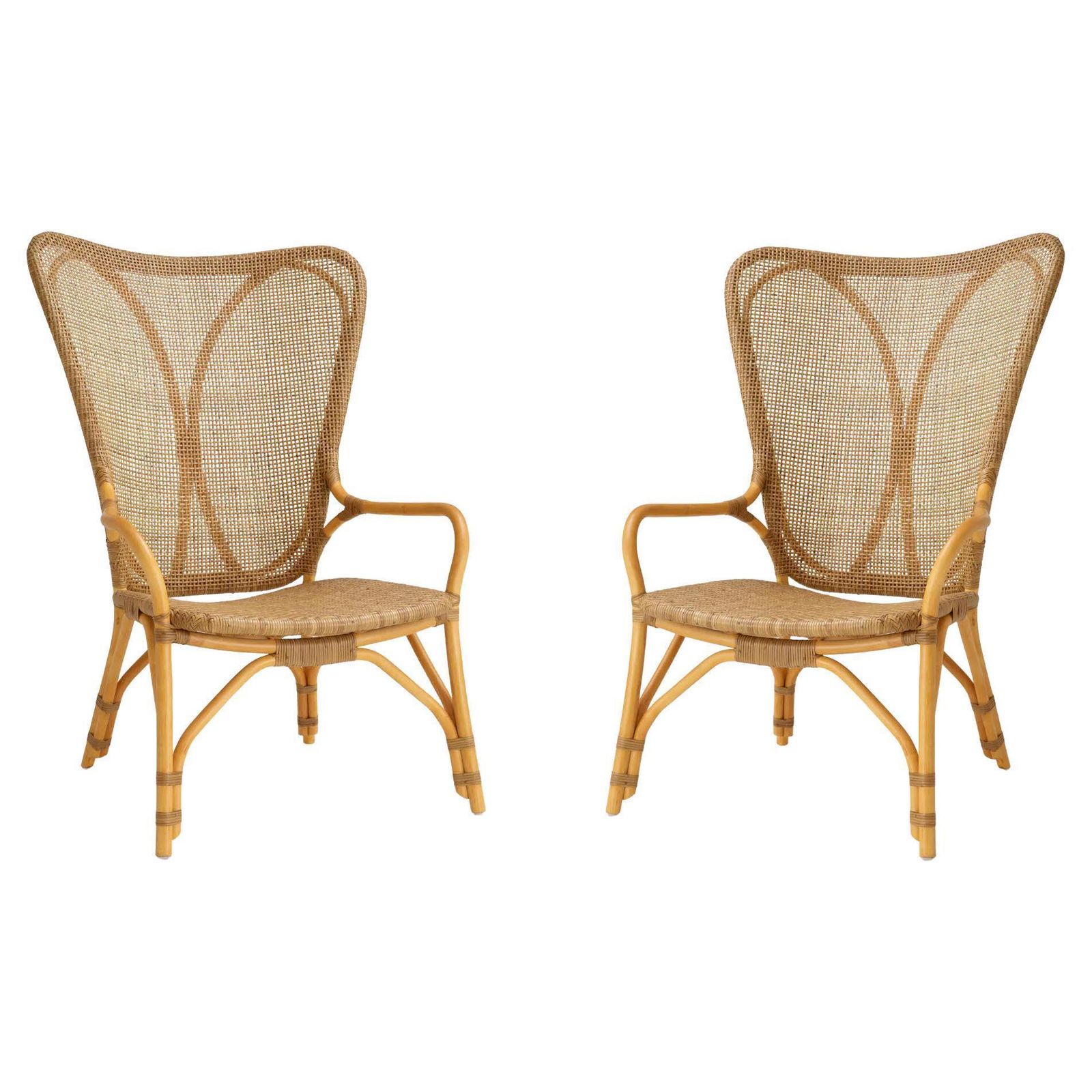Pair Of Modern Rattan Chairs In A Honey Finish. photo vinterior